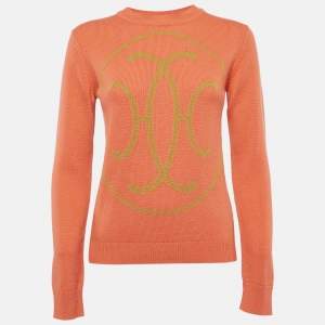 Hermes Orange Logo Patterned Knit Cashmere Crew Neck Sweater S
