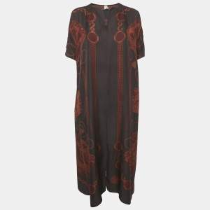 Hermes Brown Printed Silk Les Tambours Tunic Midi Dress S
