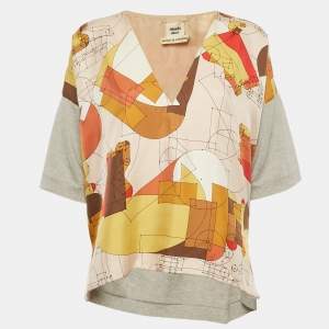 Hermes Grey/Multicolor Geometric Print Silk and Cotton Knit Top S