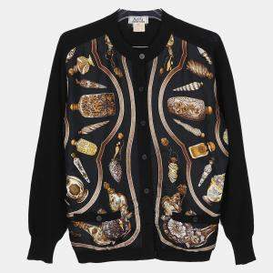 Hermes Black Wool Multicolor Silk Round Neck Cardigan Size 40