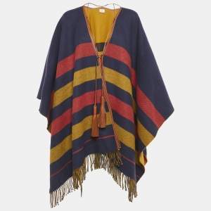 Hermès Blue Checks Leather Trim Wool Fringed Poncho One Side
