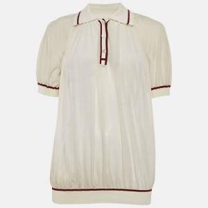 Hermes White Cotton Knit Sheer Polo Top S