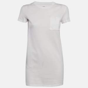 Hermès White Embroidered Pocket Jersey T-Shirt Dress S