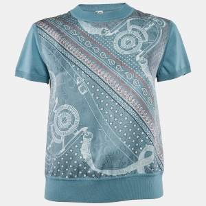 Hermes Blue Scarf Print Silk and Jersey Crew Neck Sweater Top