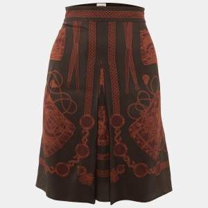 Hermes Dark Brown Printed Silk Pleat Detail Mini Skirt M
