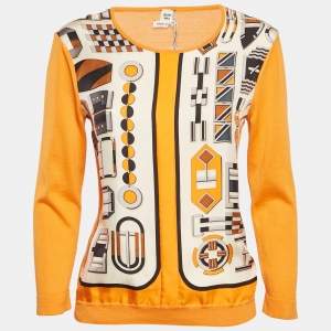 Hermès Orange Printed Silk & Cotton Knit Paneled Top S