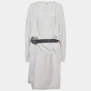 Hermes Beige Cashmere Knit Leather Trim Cardigan and Jumper Set L
