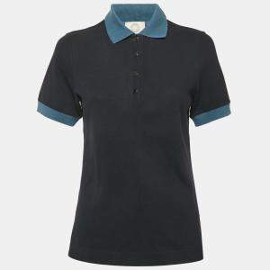 Pre Owned Hermes Sellier Navy Blue Cotton Pique Polo T-Shirt S
