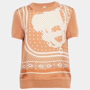 Pre Owned Hermès Brown Printed Silk and Knit Crew Neck Top L