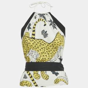 Pre Owned Hermes White/Yellow Leopard Print Cotton Halter Neck Scarf Top M