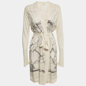 Pre Owned Hermes Navy Beige Printed Silk and  Knit Open Front Cardigan M