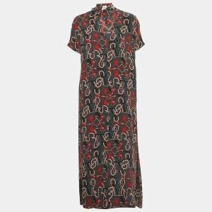 Pre Owned Hermes Grey Printed Silk Neck Tie Midi Dress M