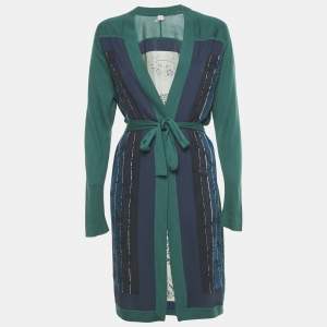 مملوكة مسبقًا كارديغان هيرمس كشمير ملون/كريمي مطبوع حرير مفتوح من الأمام طويل مقاس كبير