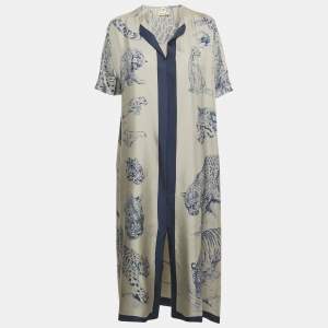 Pre Owned Hermes Grey/Navy Blue Printed Silk Kimmo Midi Dress M