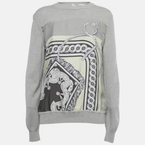 Pre Owned Hermes Grey Print Silk and Cashmere Crewneck Sweatshirt M