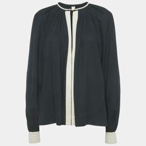 مملوكة مسبقًا توب هيرميس قطن أسود بتفاصيل دانتيل مقاس كبير (لارج)