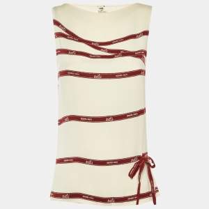 Pre Owned Hermes Cream Bolduc Ribbon Print Silk Sleeveless Top S