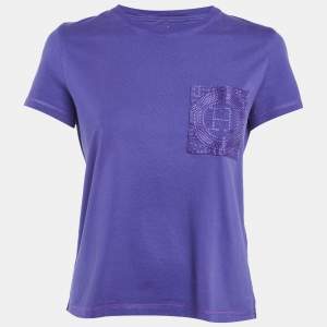 Pre Owned Hermes Purple Jersey Embroidered Pocket T-Shirt M