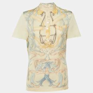 Pre Owned بلوزة هيرمس حرير وكروشيه بطبعات عتيقة كريمية وياقة ماندارين مقاس متوسط (ميديم)