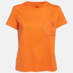 Pre Owned Hermes Orange Jersey Embroidered Pocket T-Shirt M