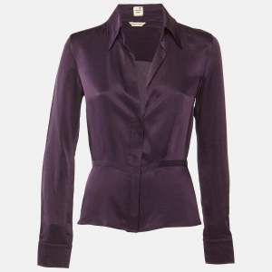 مملوكة مسبقًا Hermes Purple Silk Button Front Peplum Blouse S/M