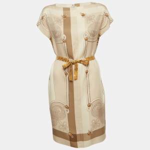 Pre Owned Hermès Beige Abstract Print Silk Belted Dress S