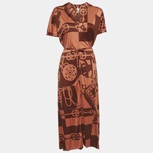 مملوكة مسبقًا Hermès Brown Printed Jersey Midi Dress S