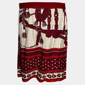 Pre Owned Hermes Red/White Printed Silk Skirt M