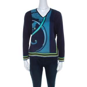 Hermes Navy Blue Printed Cotton Silk Long Sleeve Sweater Top S