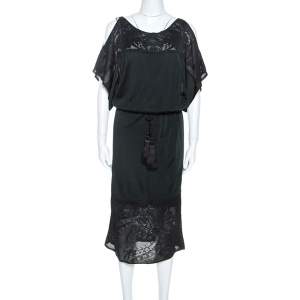 Hermes Bottle Green Crochet Knit Detail Tasseled Drawstring Dress M