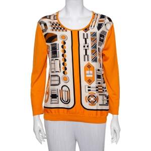 Hermes Orange Printed Silk & Knit Paneled Top M