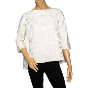 Hermes Cream Jacquard Silk Side Slit Round Neck Top S