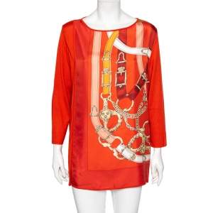 Hermes Burnt Orange Printed Silk & Knit Long Sleeve Top L