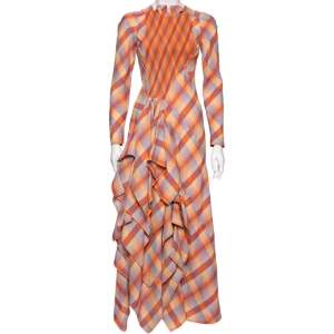 Hermes Orange Checkered Linen Asymmetric Ruffled Dress S 