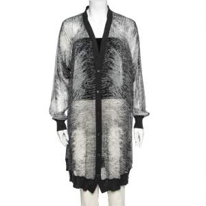 Hermes Grey Printed Silk & Wool Trimmed Button Front Long Cardigan M