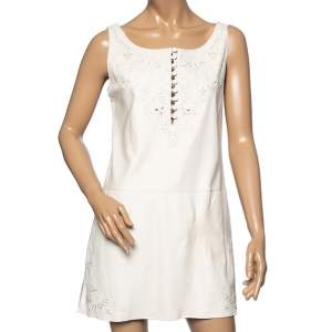 Hermes Cream Leather Floral Embroidered Sleeveless Mini Dress M