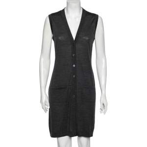 Hermes Charcoal Grey Wool Sleeveless Button Front Long cardigan M