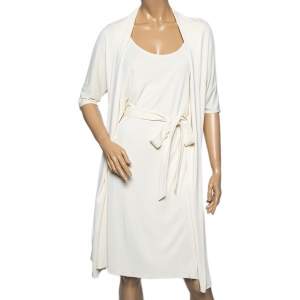Hermes Cream Jersey Overlay Detail Belted Shift Dress M
