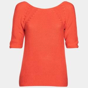 Hermes Orange Cotton Knit Low Back Detail Sweater S