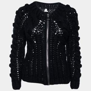 Hermes Navy Blue Cashmere Chunky Cable Knit Zip Front Cardigan S