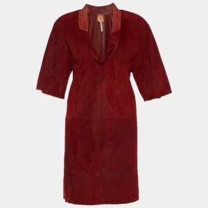 Hermes Red Suede & Lizard Trim Detail Tunic Dress M