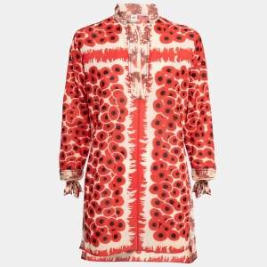 Hermes Red Printed Cotton & Silk V-Neck Tunic M