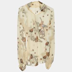 Hermes Beige Ballerina Jacquard Silk Long Sleeve Blouse S