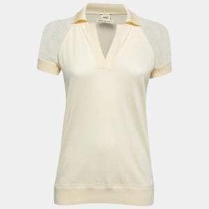 Hermes Cream Cashmere V-Neck Polo T-Shirt S