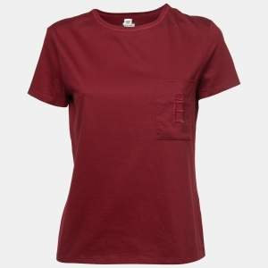 Hermes Burgundy Cotton Embroidered Pocket T-Shirt M