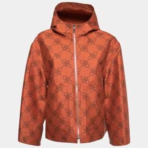 Hermes Brick Red Printed Canvas Snap Button Detail Hooded Jacket M
