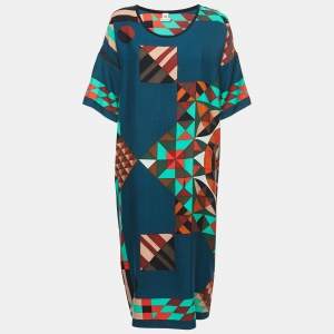 Hermes Teal Blue Geometric Print Cashmere & Silk Dress M