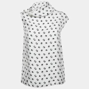 Hermes White Printed Twill Silk Cowl Neck Top S