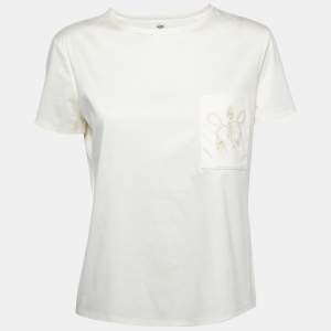 Hermes Cream Cotton Embroidered Pocket T-Shirt M