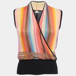 Hermes Multicolor Striped Silk Wrap Effect Sleeveless Knit Top M